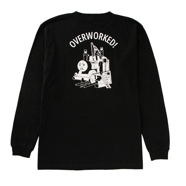 【公式WEBストアオリジナル】OVERWORKED!ロングスリーブTシャツ 黒(刺繍&バックプリント)