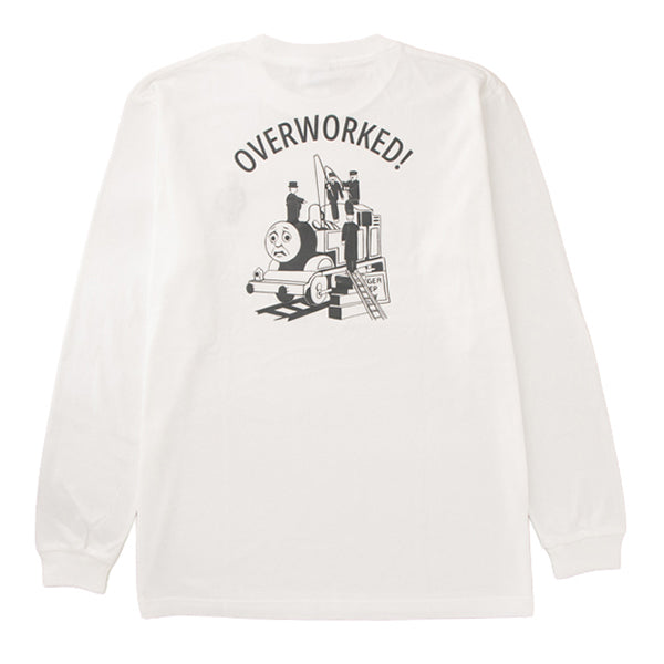 【公式WEBストアオリジナル】OVERWORKED！ロングスリーブTシャツ 白（刺繍＆バックプリント）